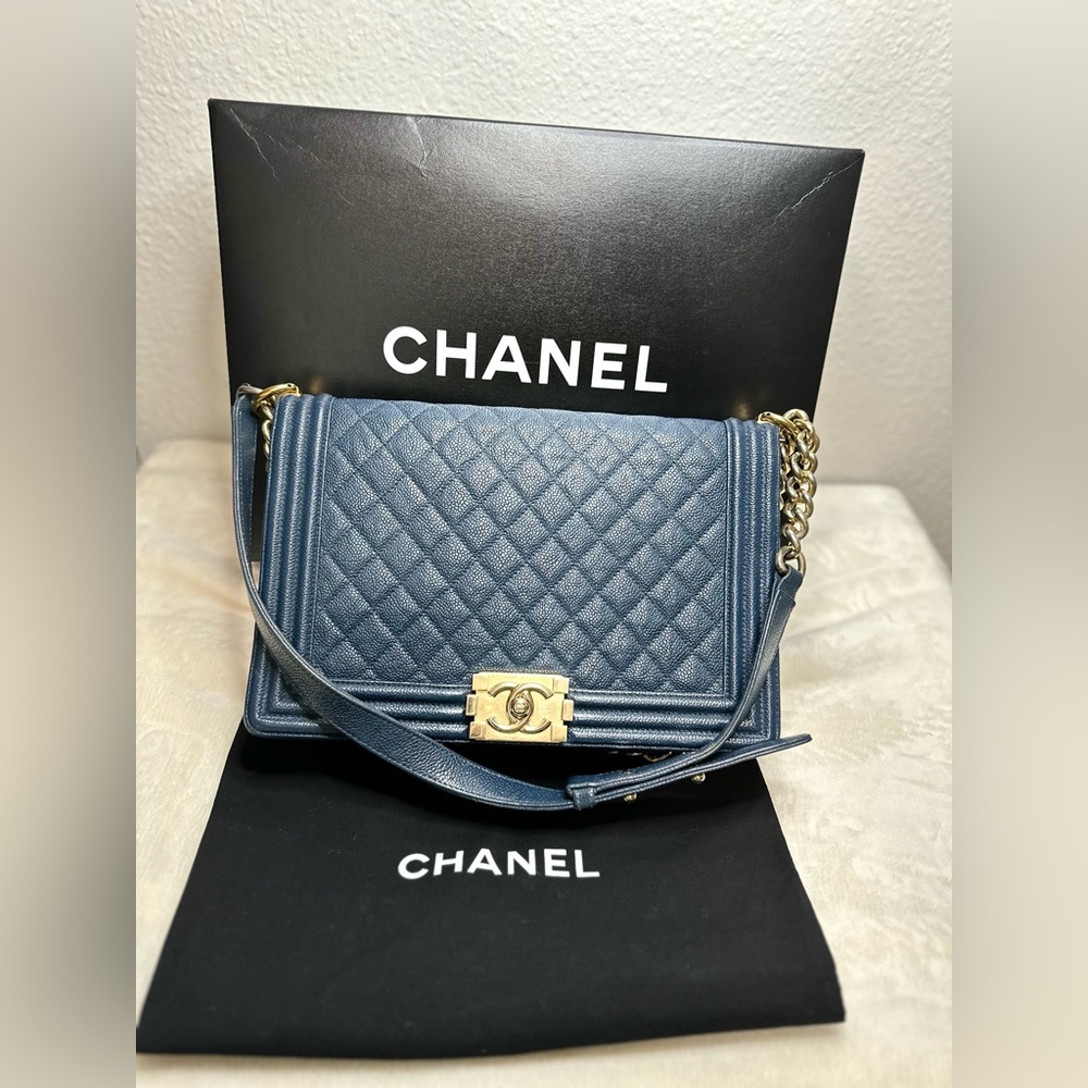 Authentic Chanel Blue Leather Medium LeBoy Bag Classic Flap